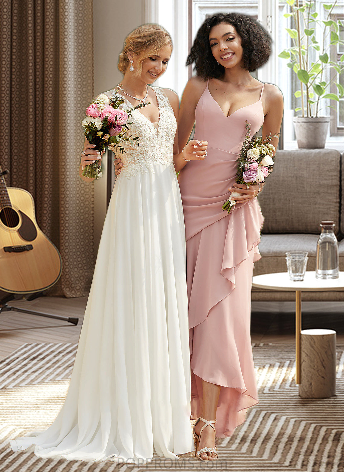 Alisa Trumpet/Mermaid V-neck Asymmetrical Bridesmaid Dress With Ruffle PP6P0013094