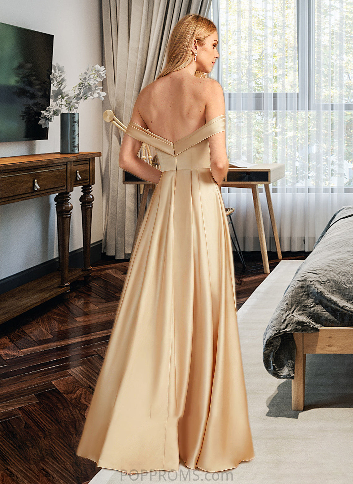 Itzel A-Line Off-the-Shoulder Floor-Length Bridesmaid Dress With Split Front Pockets PP6P0013095