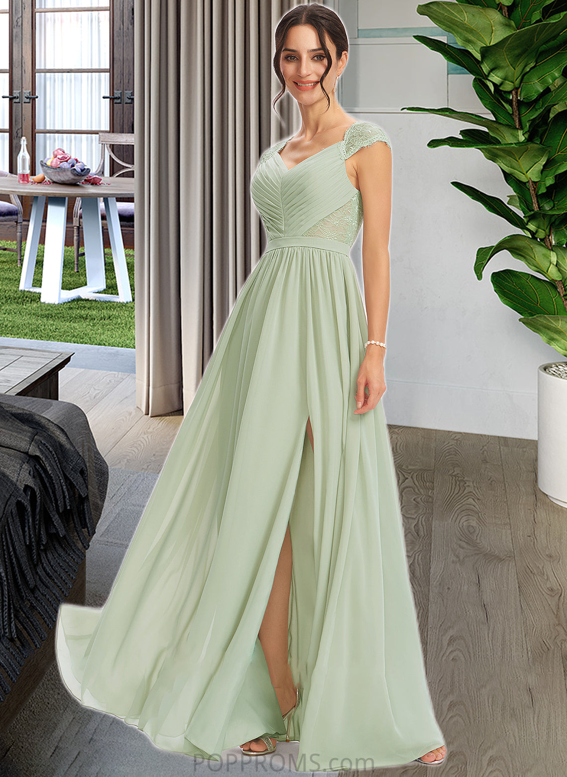 Chloe A-Line V-neck Floor-Length Bridesmaid Dress With Lace Split Front PP6P0013096