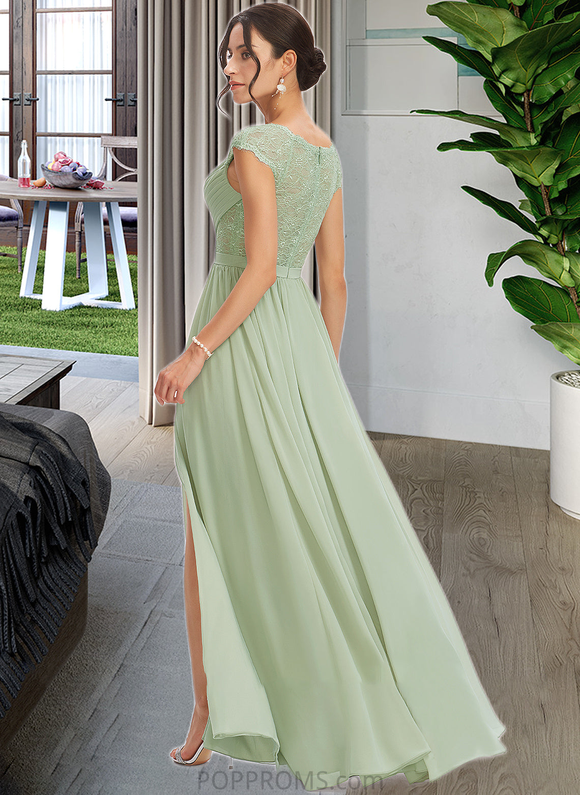 Chloe A-Line V-neck Floor-Length Bridesmaid Dress With Lace Split Front PP6P0013096