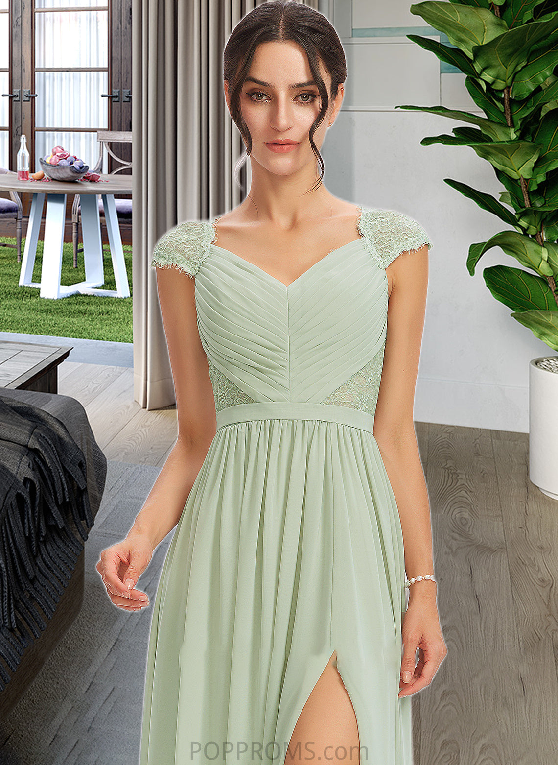 Chloe A-Line V-neck Floor-Length Bridesmaid Dress With Lace Split Front PP6P0013096