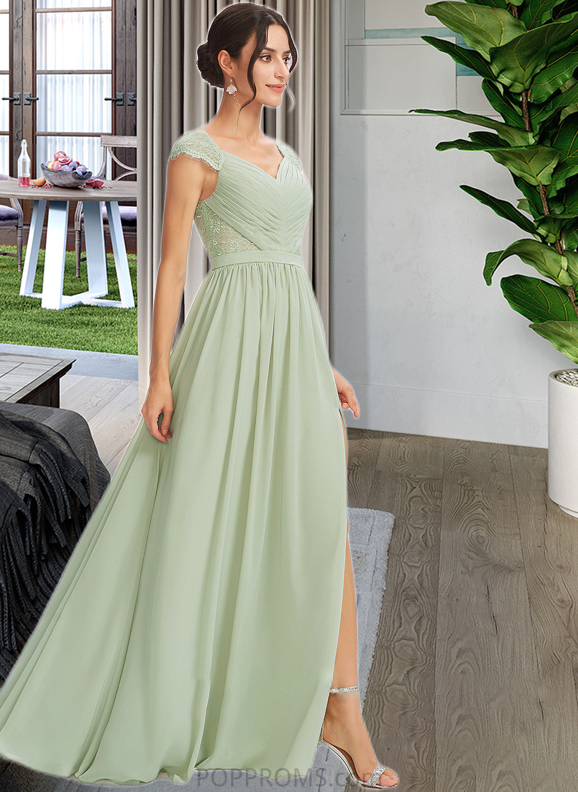 Chloe A-Line V-neck Floor-Length Bridesmaid Dress With Lace Split Front PP6P0013096