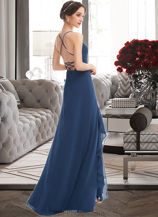 Rhoda A-Line V-neck Floor-Length Bridesmaid Dress With Ruffle Split Front PP6P0013097