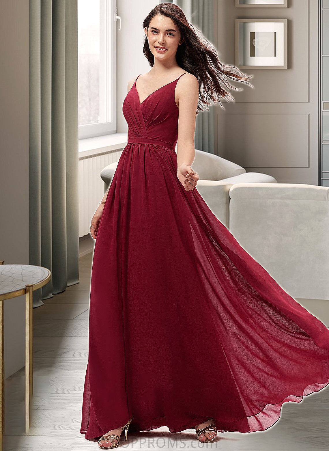 EmeryPiper A-Line V-neck Floor-Length Chiffon Bridesmaid Dress With Ruffle Lace PP6P0013098