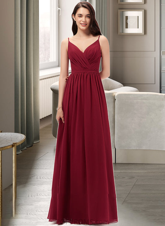 EmeryPiper A-Line V-neck Floor-Length Chiffon Bridesmaid Dress With Ruffle Lace PP6P0013098