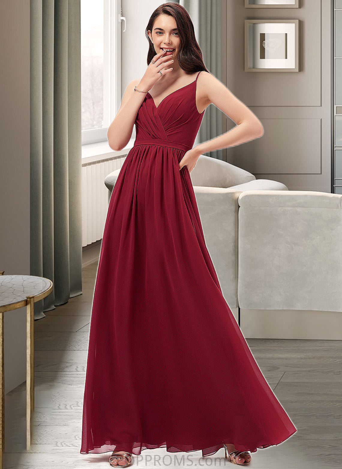 EmeryPiper A-Line V-neck Floor-Length Chiffon Bridesmaid Dress With Ruffle Lace PP6P0013098