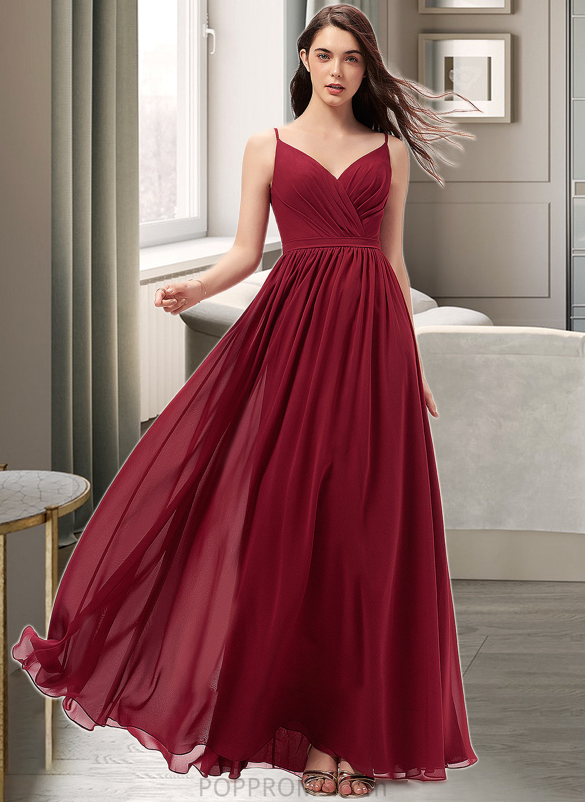 EmeryPiper A-Line V-neck Floor-Length Chiffon Bridesmaid Dress With Ruffle Lace PP6P0013098