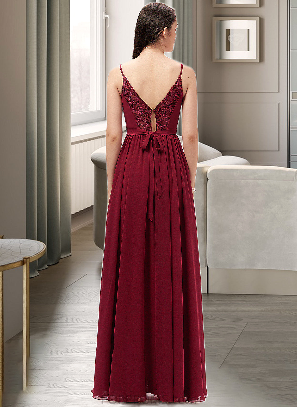 EmeryPiper A-Line V-neck Floor-Length Chiffon Bridesmaid Dress With Ruffle Lace PP6P0013098