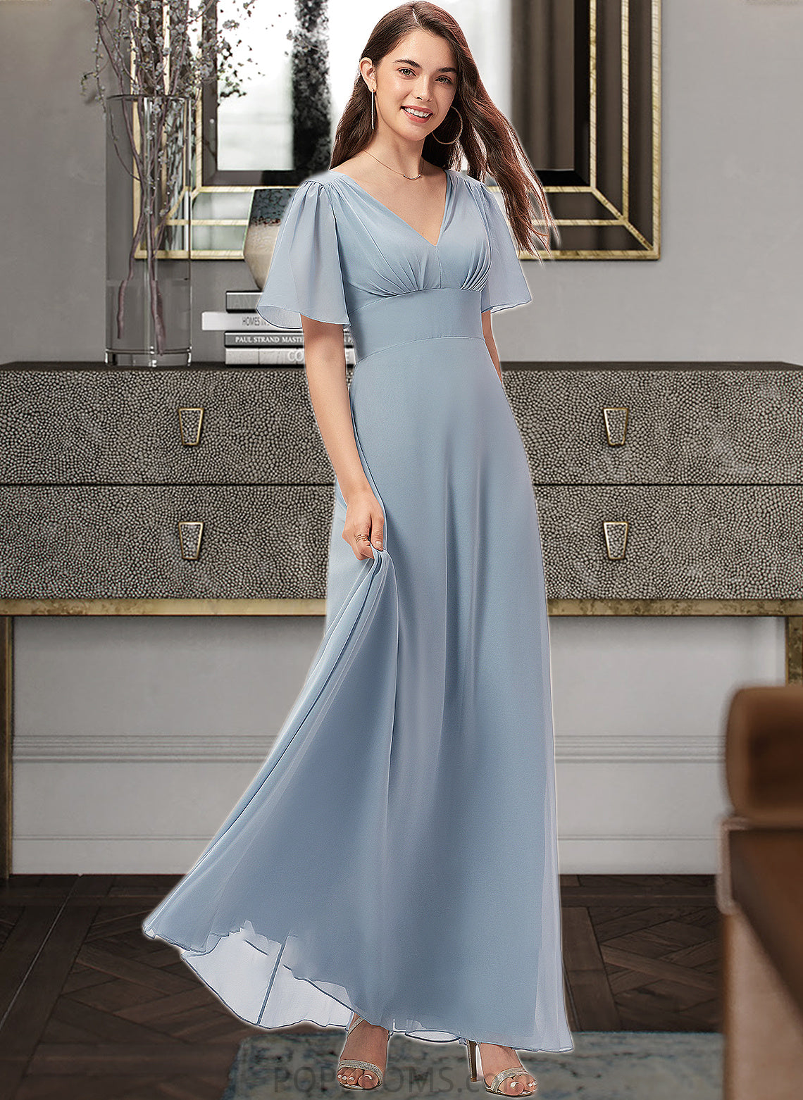 Guadalupe A-Line V-neck Floor-Length Chiffon Bridesmaid Dress PP6P0013099