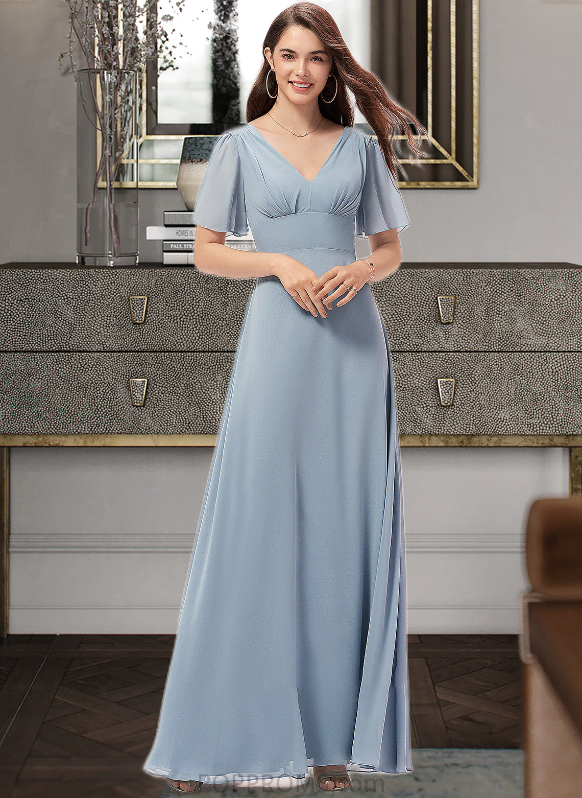 Guadalupe A-Line V-neck Floor-Length Chiffon Bridesmaid Dress PP6P0013099