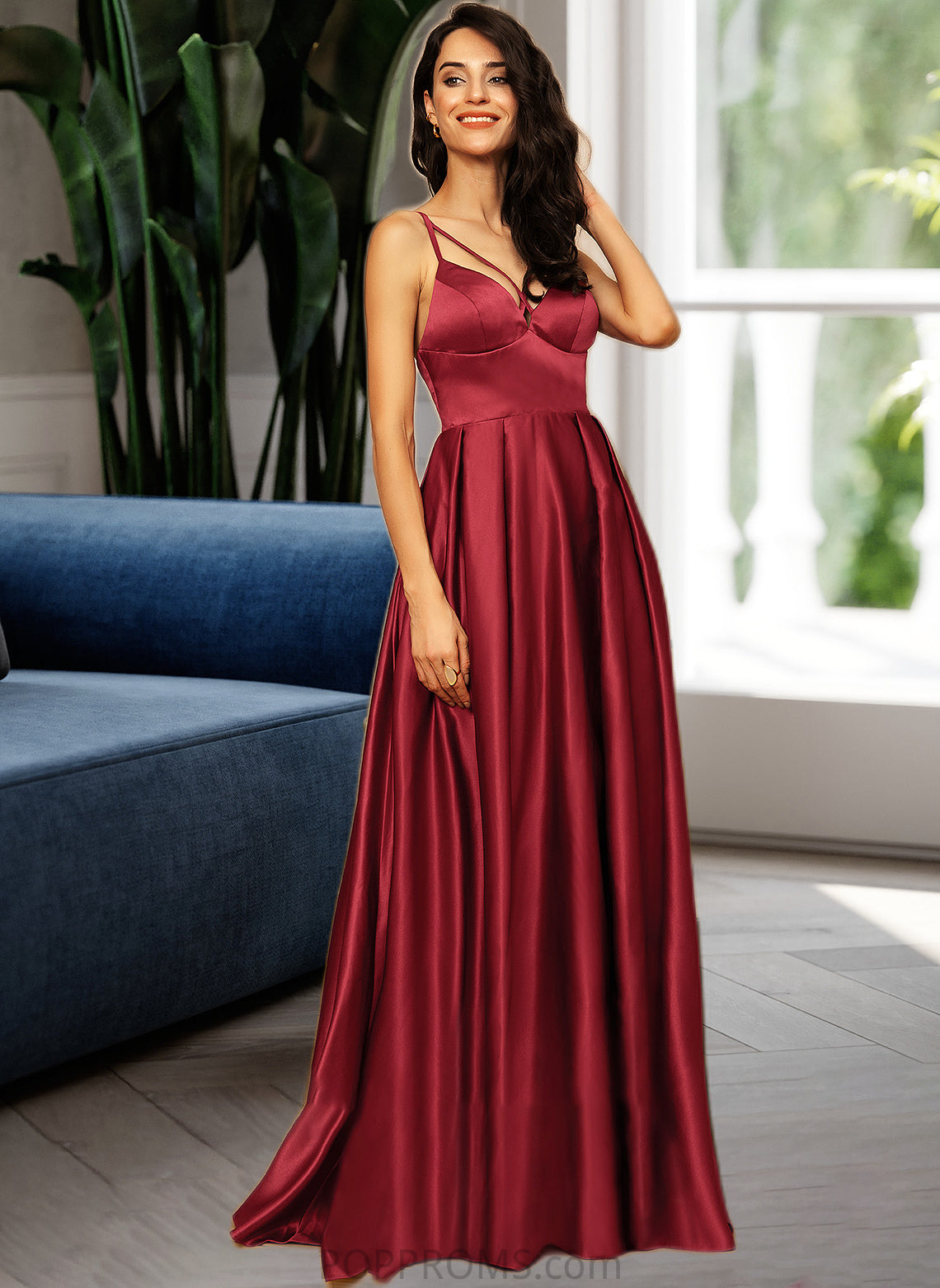 Casey A-Line V-neck Floor-Length Satin Bridesmaid Dress With Split Front Pockets PP6P0013100