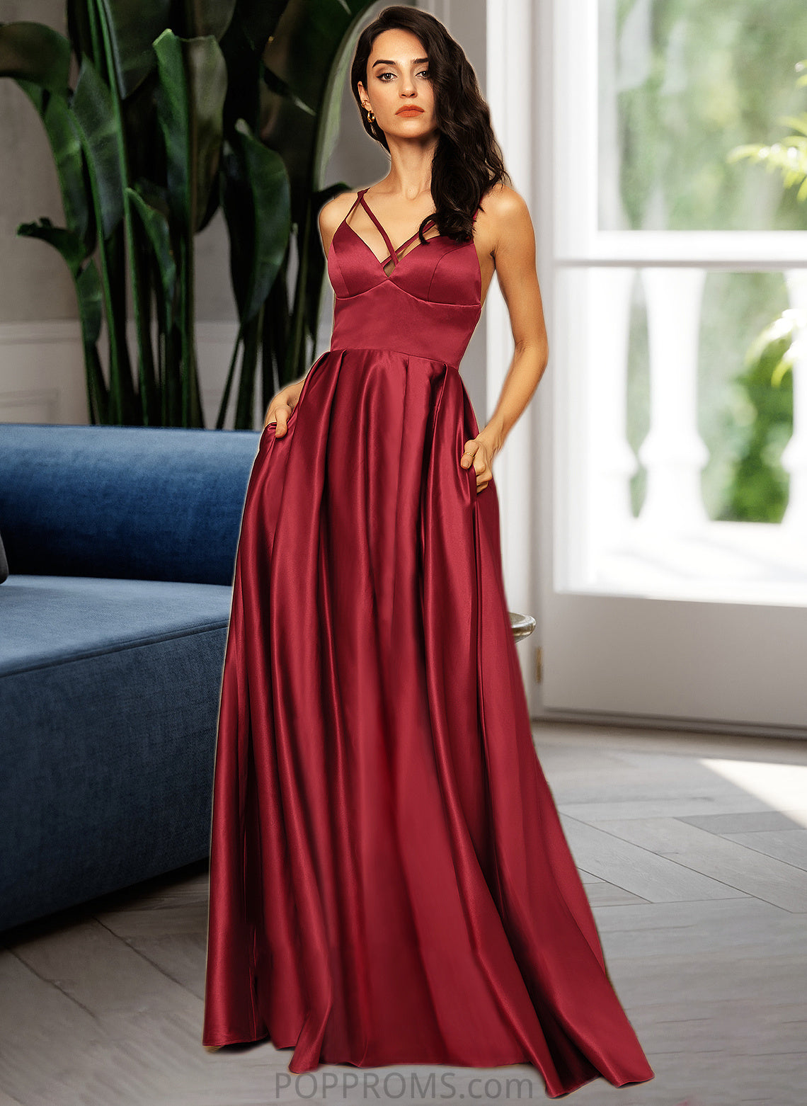 Casey A-Line V-neck Floor-Length Satin Bridesmaid Dress With Split Front Pockets PP6P0013100