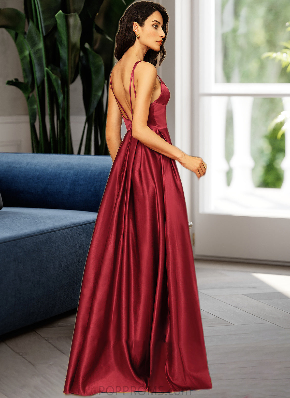 Casey A-Line V-neck Floor-Length Satin Bridesmaid Dress With Split Front Pockets PP6P0013100