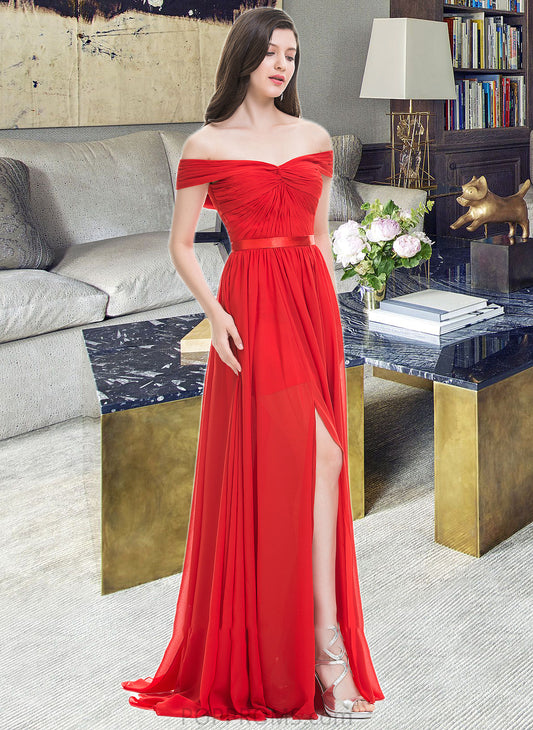 Blanche A-Line Off-the-Shoulder Sweep Train Chiffon Bridesmaid Dress With Ruffle Split Front PP6P0013102