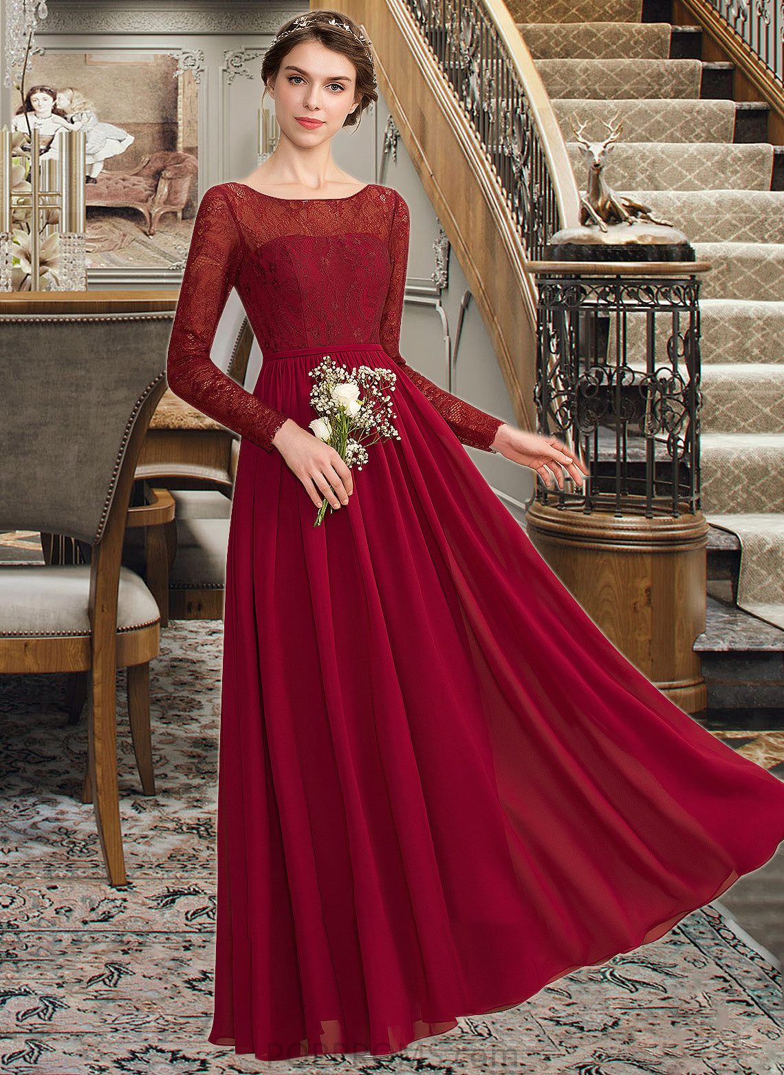 Toni A-Line Scoop Neck Floor-Length Chiffon Lace Bridesmaid Dress PP6P0013103