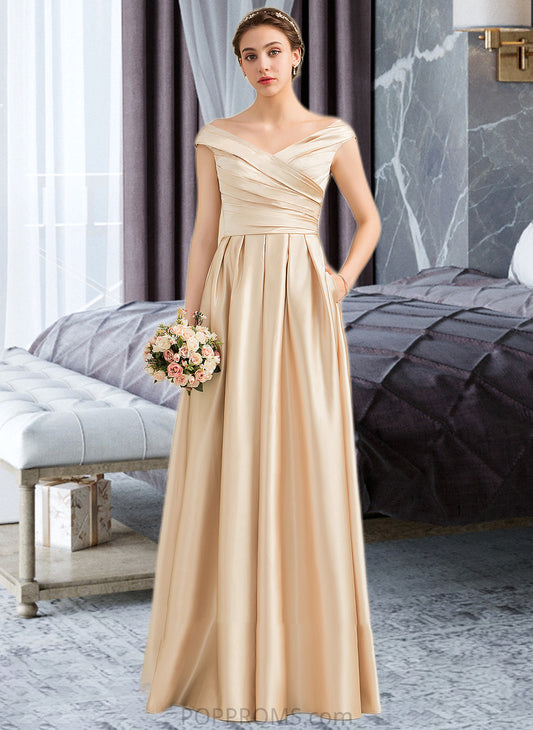 Josephine A-Line Off-the-Shoulder Floor-Length Satin Bridesmaid Dress With Ruffle Pockets PP6P0013104