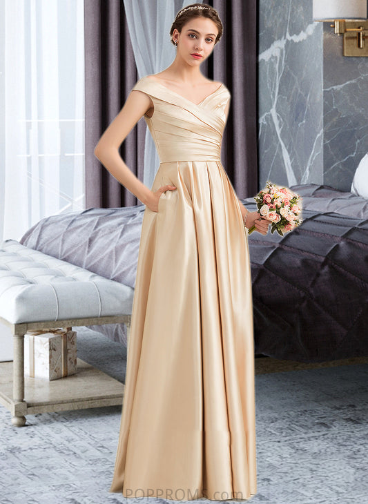 Josephine A-Line Off-the-Shoulder Floor-Length Satin Bridesmaid Dress With Ruffle Pockets PP6P0013104