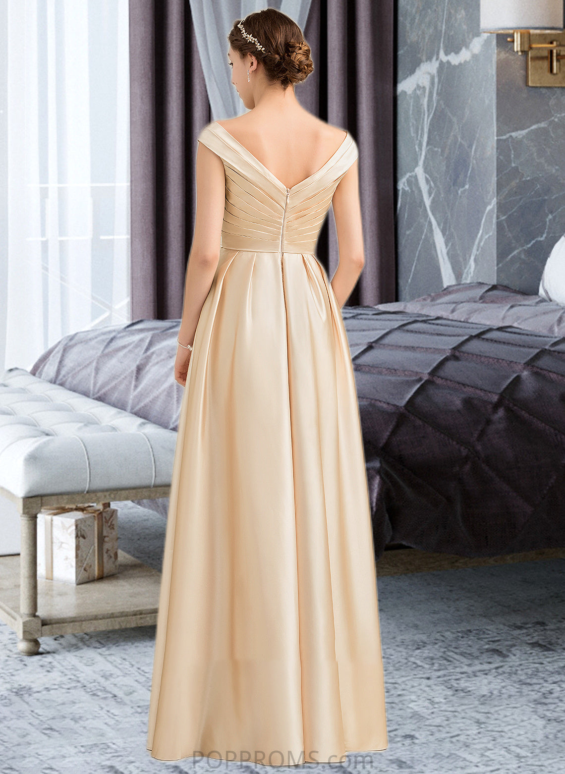 Josephine A-Line Off-the-Shoulder Floor-Length Satin Bridesmaid Dress With Ruffle Pockets PP6P0013104