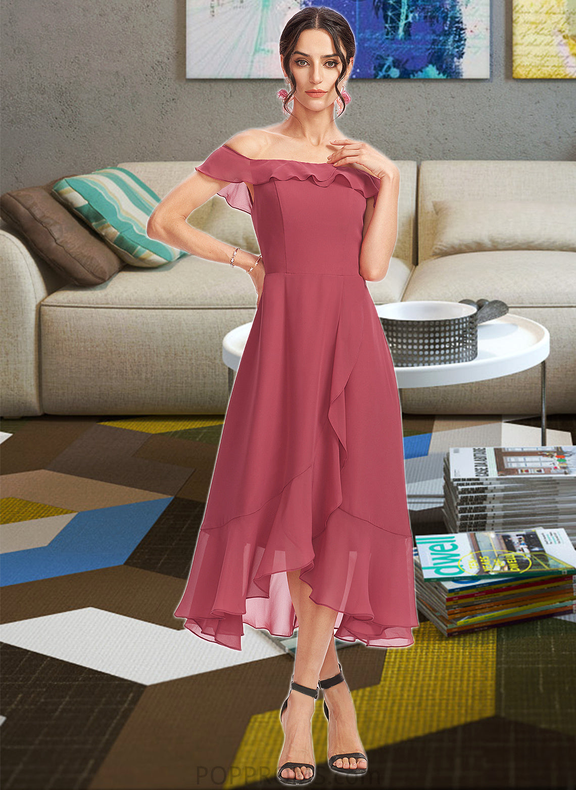 Frederica A-Line Off-the-Shoulder Tea-Length Bridesmaid Dress With Cascading Ruffles PP6P0013110