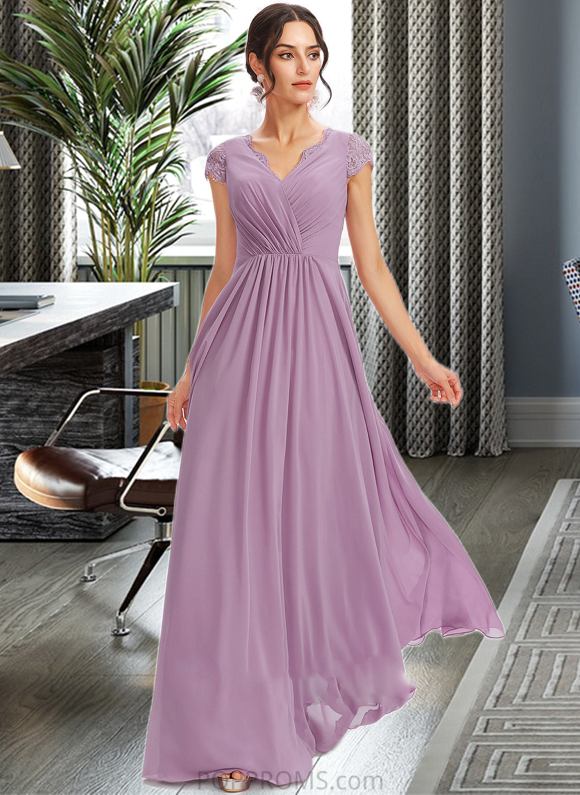 Molly A-Line V-neck Floor-Length Bridesmaid Dress With Lace PP6P0013111