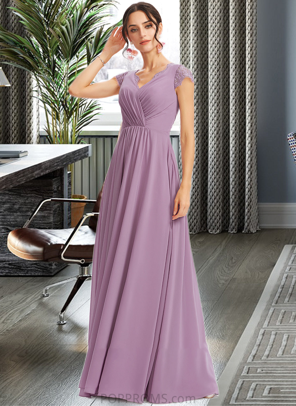 Molly A-Line V-neck Floor-Length Bridesmaid Dress With Lace PP6P0013111