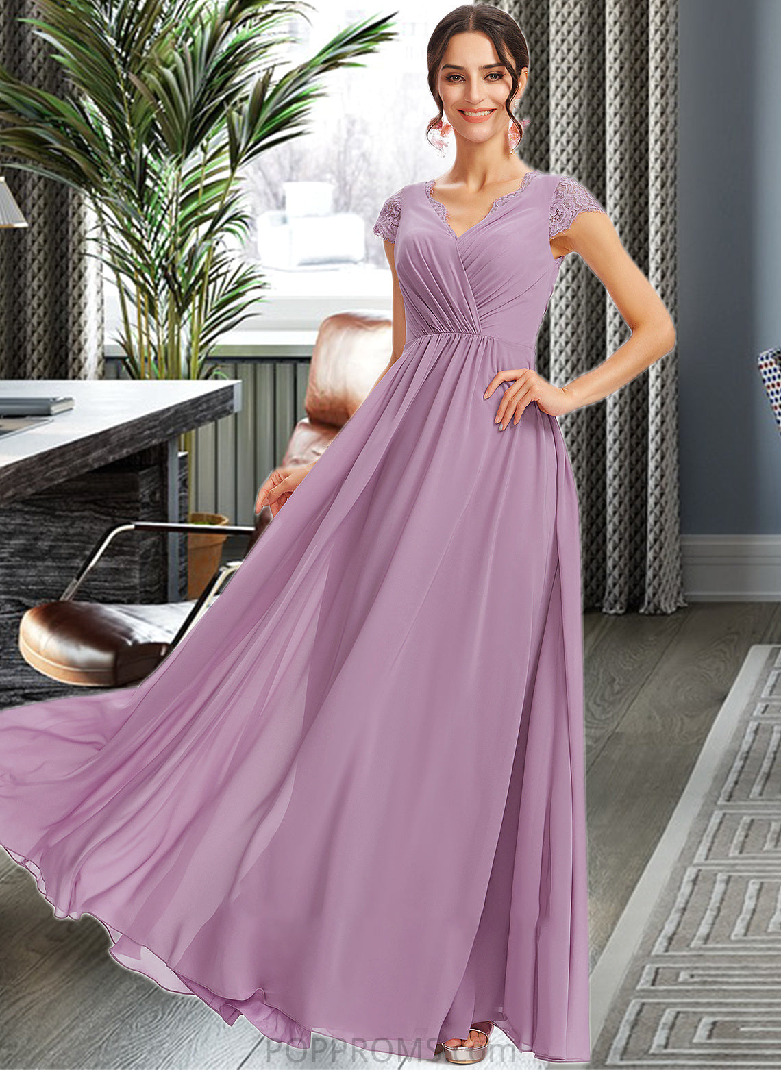 Molly A-Line V-neck Floor-Length Bridesmaid Dress With Lace PP6P0013111