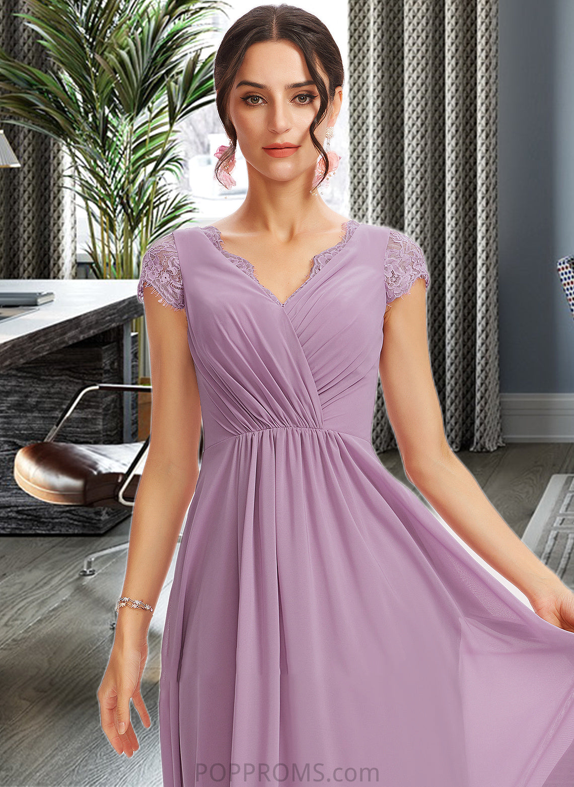 Molly A-Line V-neck Floor-Length Bridesmaid Dress With Lace PP6P0013111