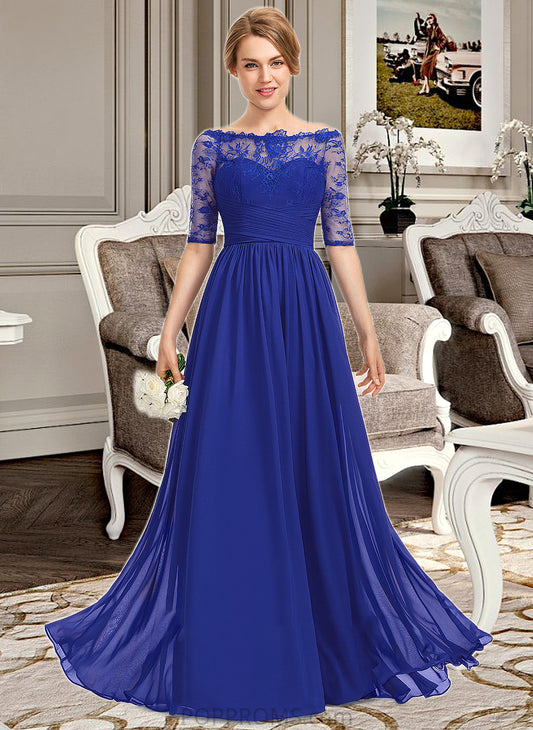 Kali A-line Off the Shoulder Floor-Length Chiffon Lace Bridesmaid Dress With Ruffle PP6P0013113