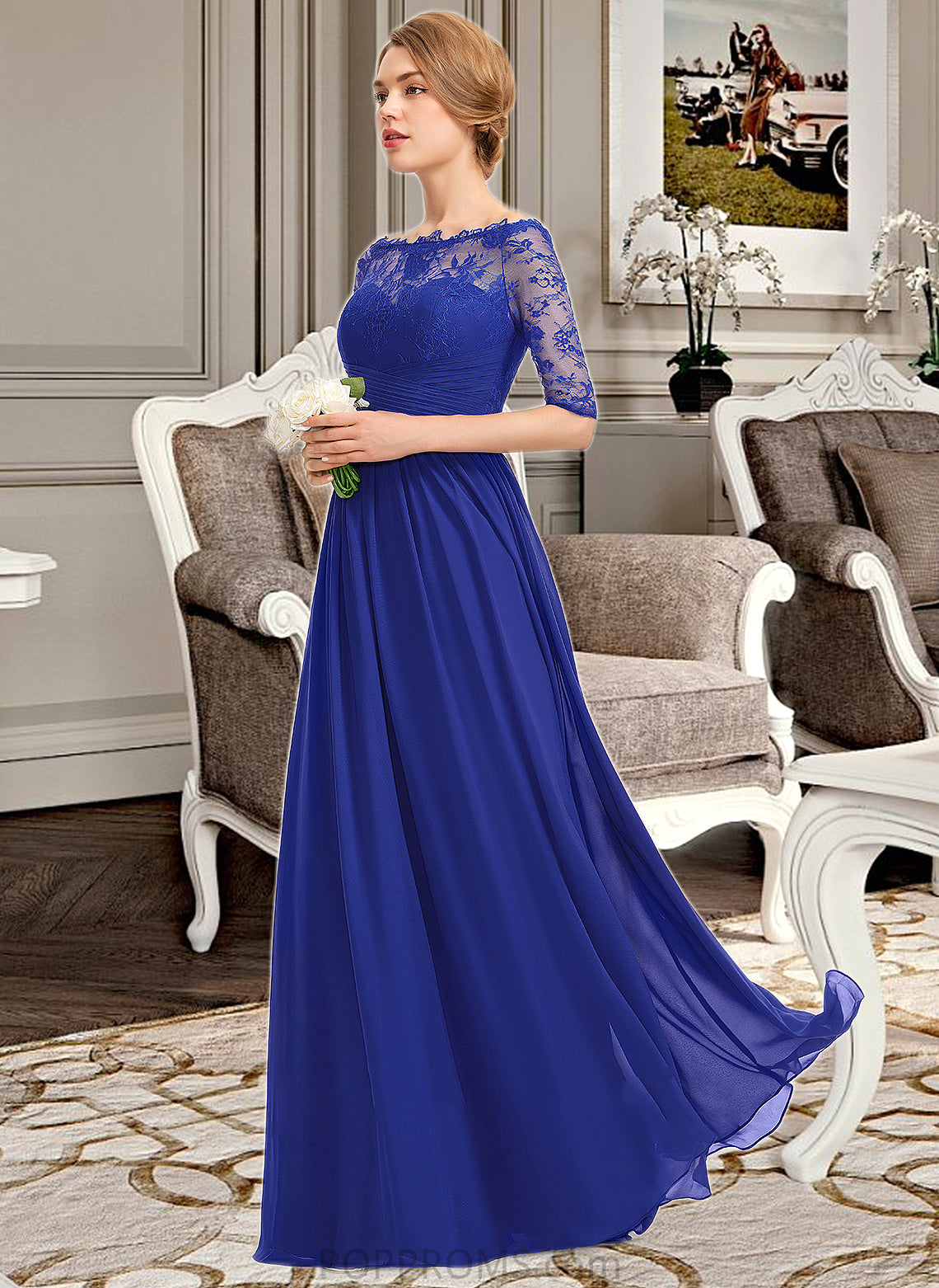 Kali A-line Off the Shoulder Floor-Length Chiffon Lace Bridesmaid Dress With Ruffle PP6P0013113