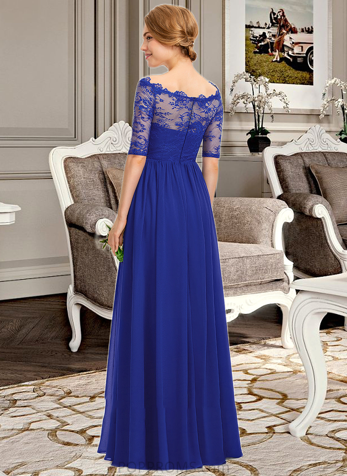 Kali A-line Off the Shoulder Floor-Length Chiffon Lace Bridesmaid Dress With Ruffle PP6P0013113