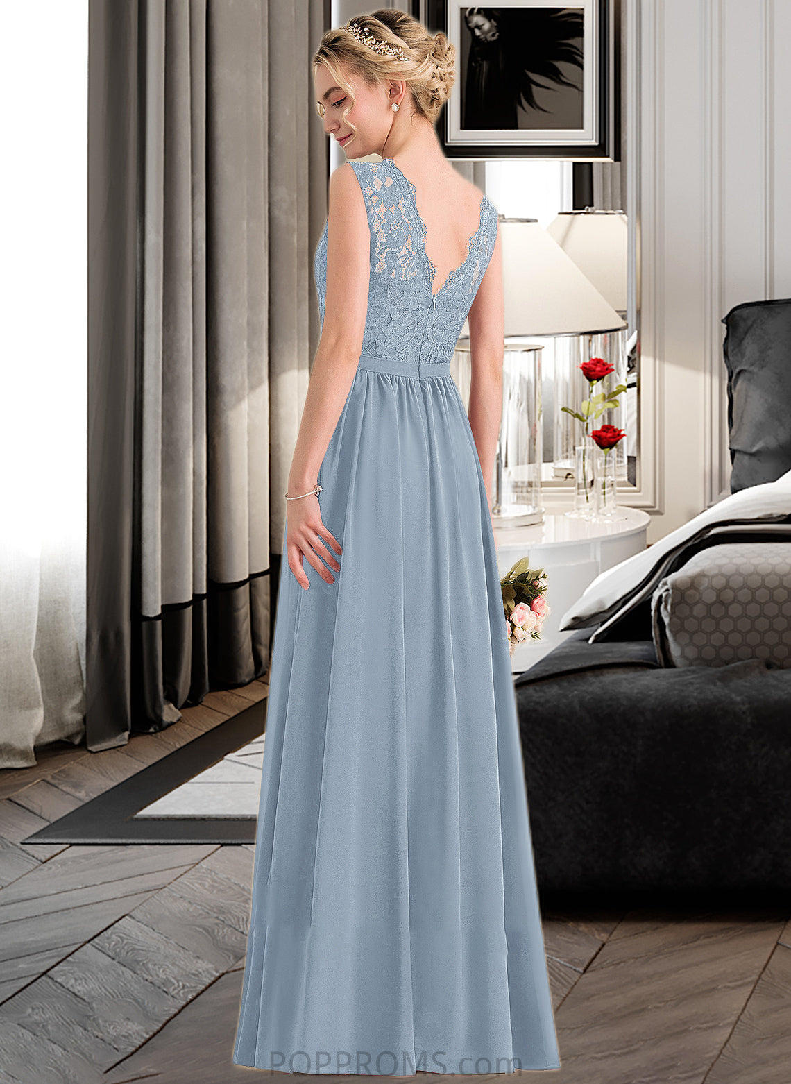 Karla A-Line Scoop Neck Floor-Length Chiffon Lace Bridesmaid Dress With Split Front PP6P0013114