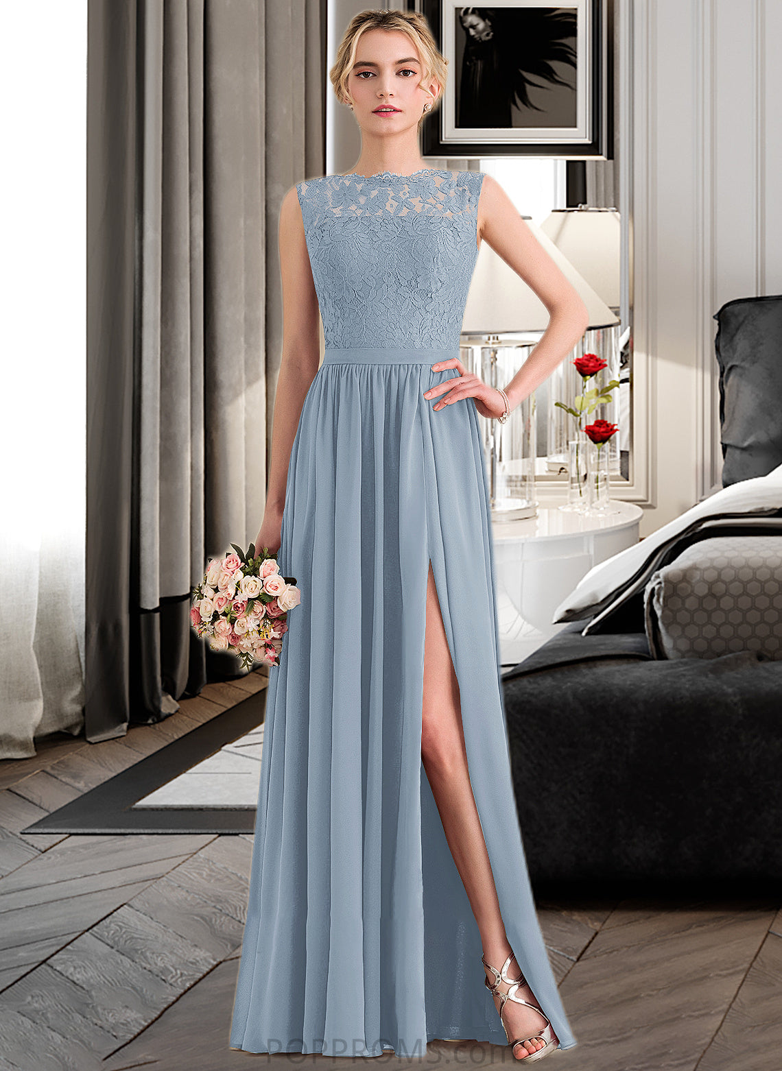 Karla A-Line Scoop Neck Floor-Length Chiffon Lace Bridesmaid Dress With Split Front PP6P0013114