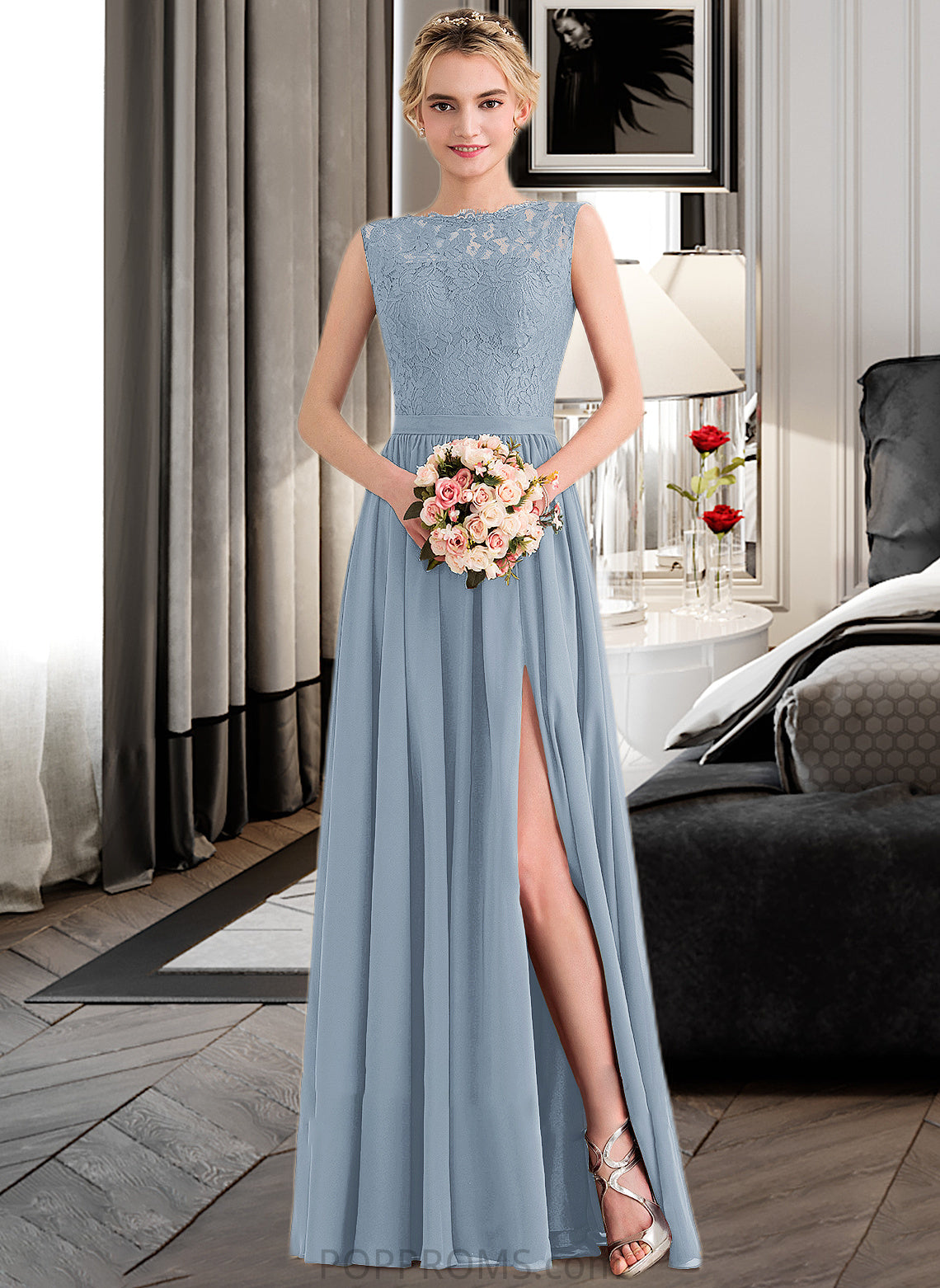 Karla A-Line Scoop Neck Floor-Length Chiffon Lace Bridesmaid Dress With Split Front PP6P0013114