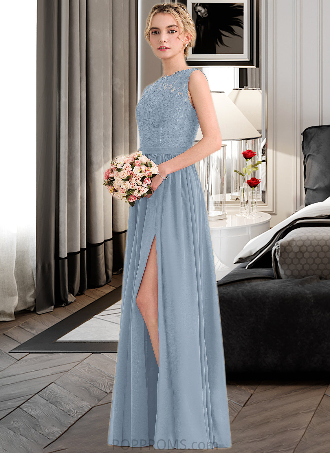 Karla A-Line Scoop Neck Floor-Length Chiffon Lace Bridesmaid Dress With Split Front PP6P0013114