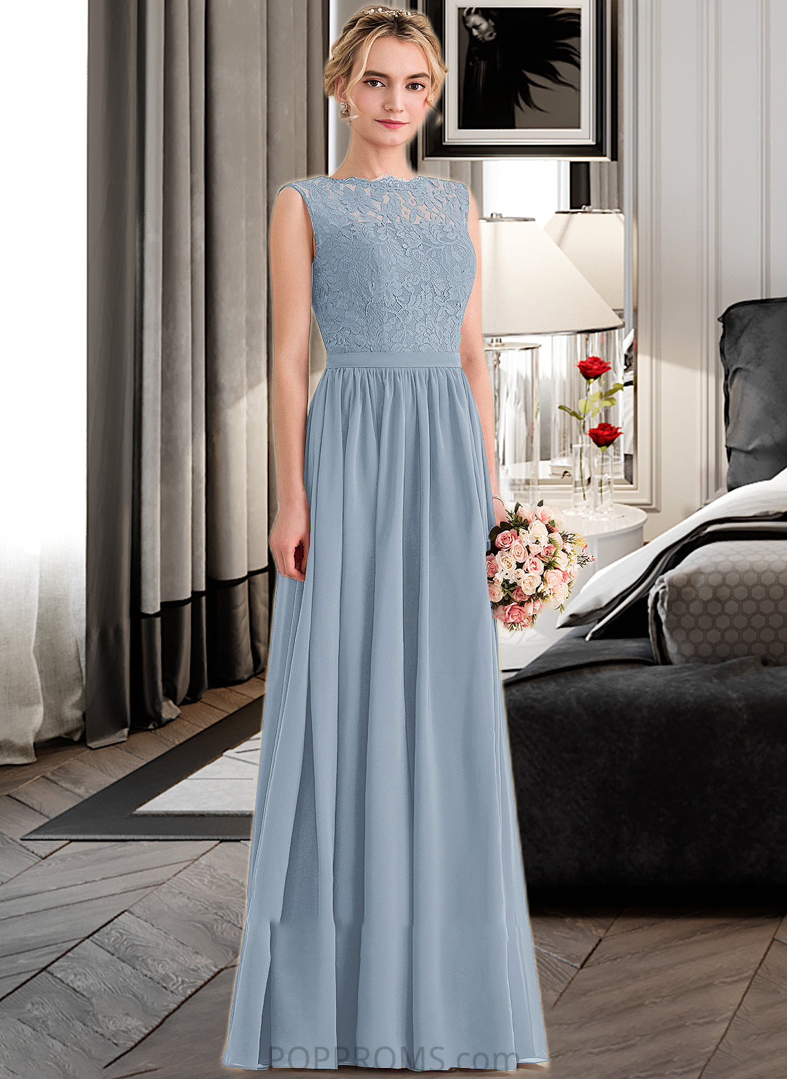 Karla A-Line Scoop Neck Floor-Length Chiffon Lace Bridesmaid Dress With Split Front PP6P0013114