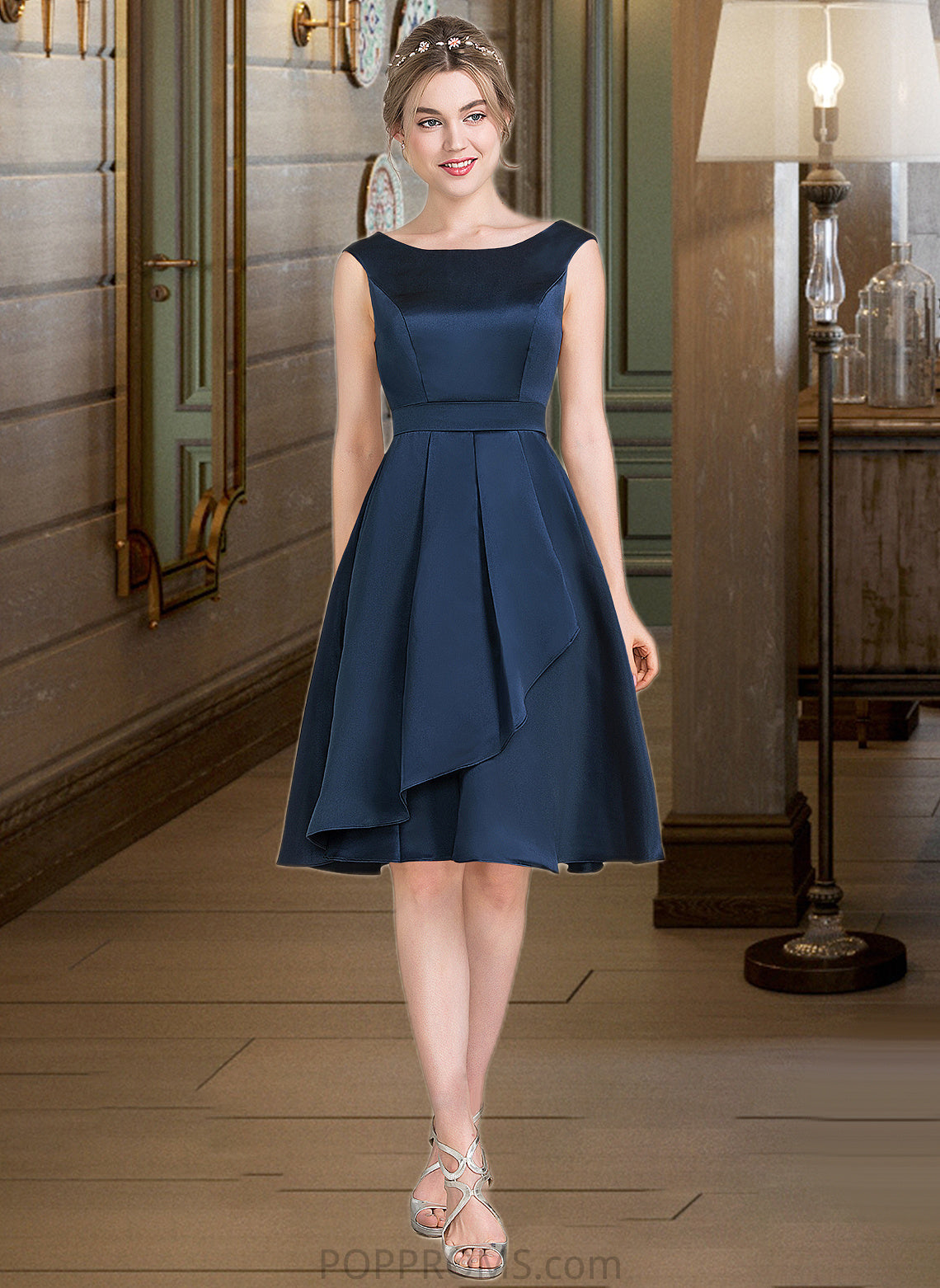 Raven A-Line Scoop Neck Knee-Length Satin Bridesmaid Dress With Cascading Ruffles PP6P0013115