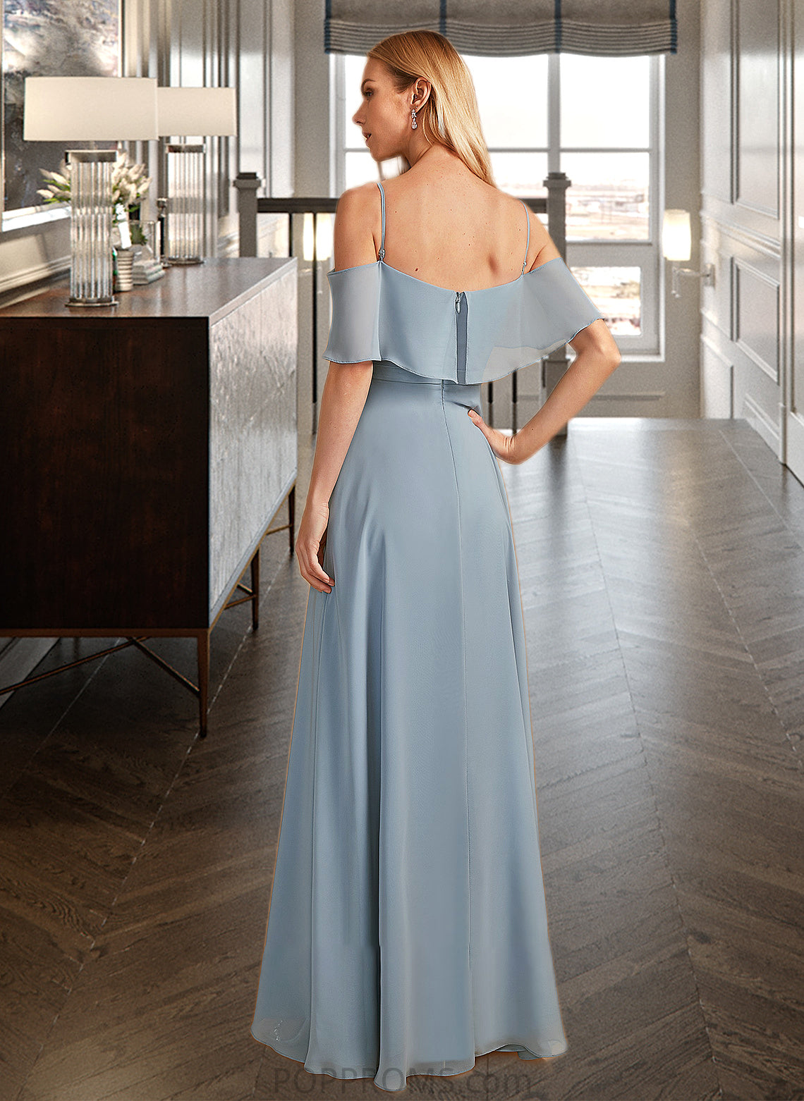 Caitlyn A-Line Off-the-Shoulder Floor-Length Bridesmaid Dress With Ruffle Split Front PP6P0013116