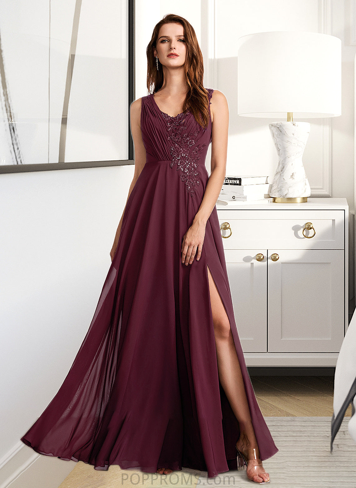 Monica A-Line V-neck Floor-Length Bridesmaid Dress With Lace PP6P0013117