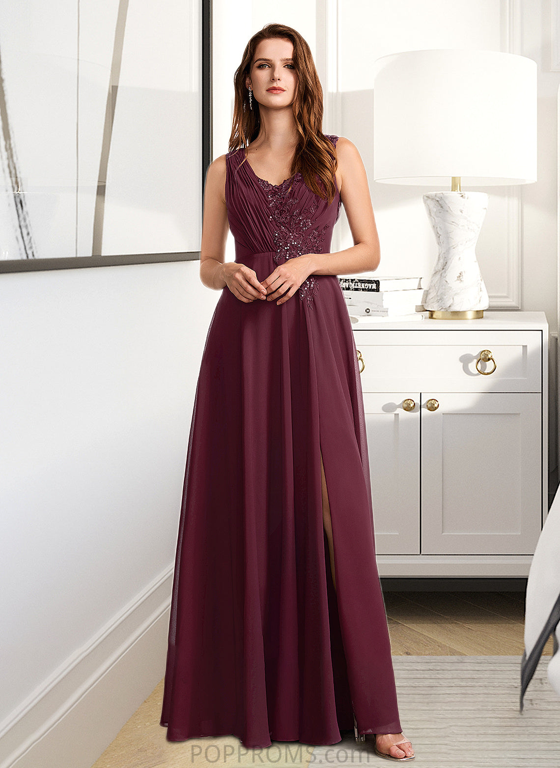 Monica A-Line V-neck Floor-Length Bridesmaid Dress With Lace PP6P0013117