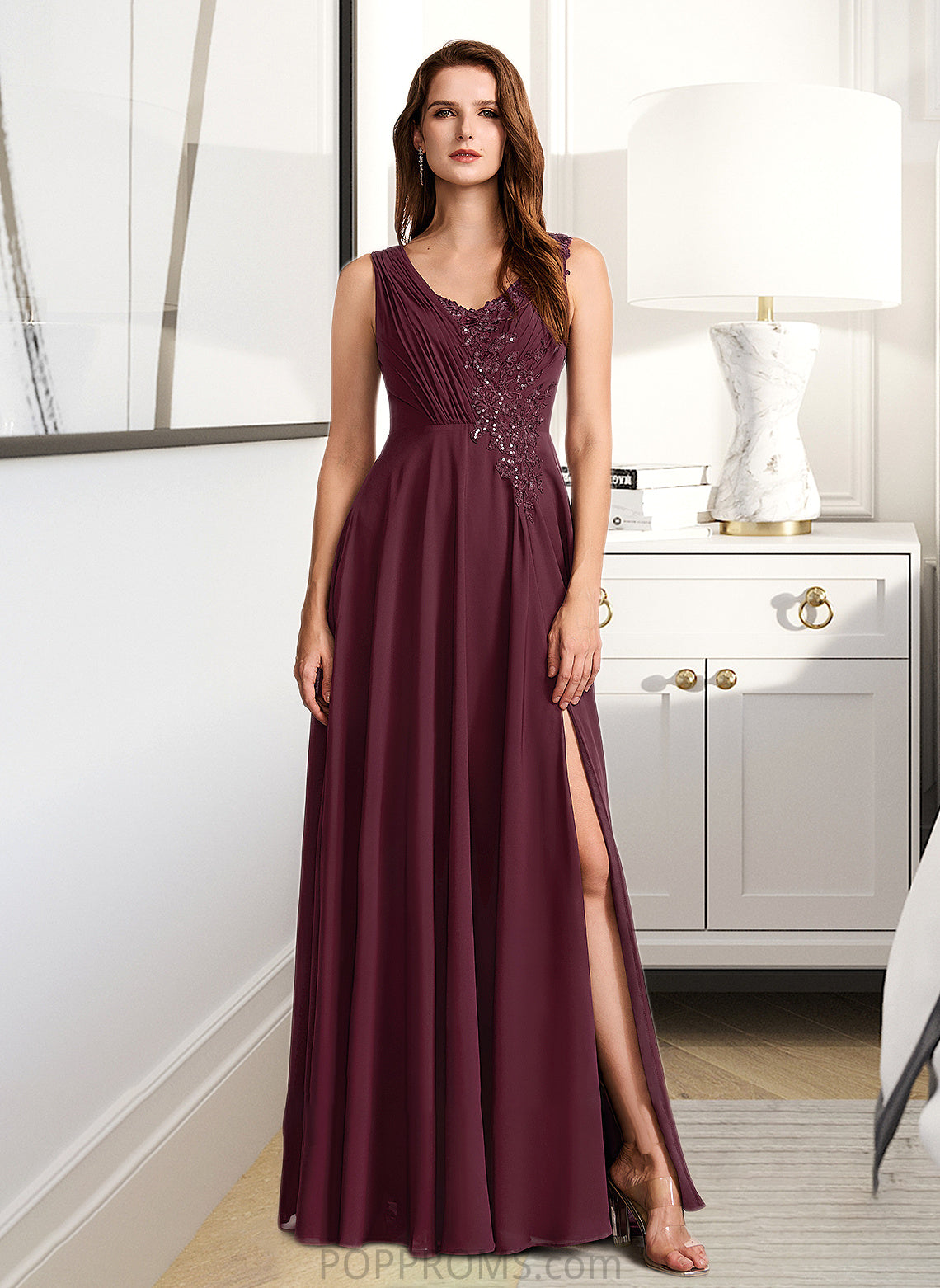 Monica A-Line V-neck Floor-Length Bridesmaid Dress With Lace PP6P0013117