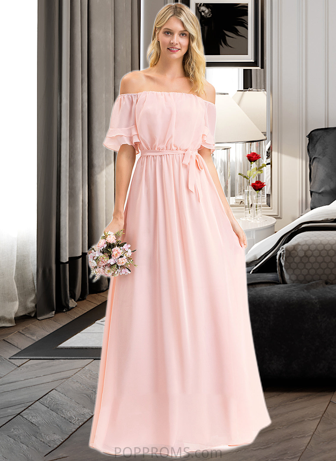 Miah A-Line Off-the-Shoulder Floor-Length Chiffon Bridesmaid Dress With Bow(s) Cascading Ruffles PP6P0013121