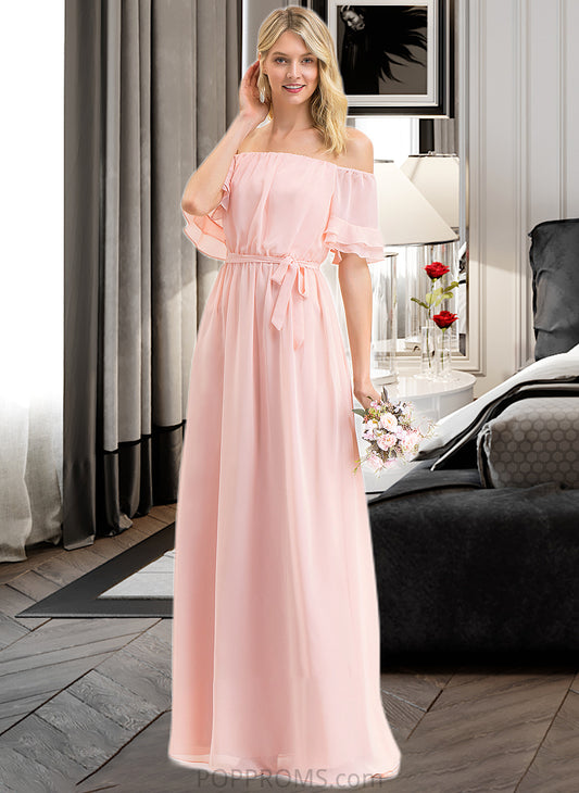 Miah A-Line Off-the-Shoulder Floor-Length Chiffon Bridesmaid Dress With Bow(s) Cascading Ruffles PP6P0013121