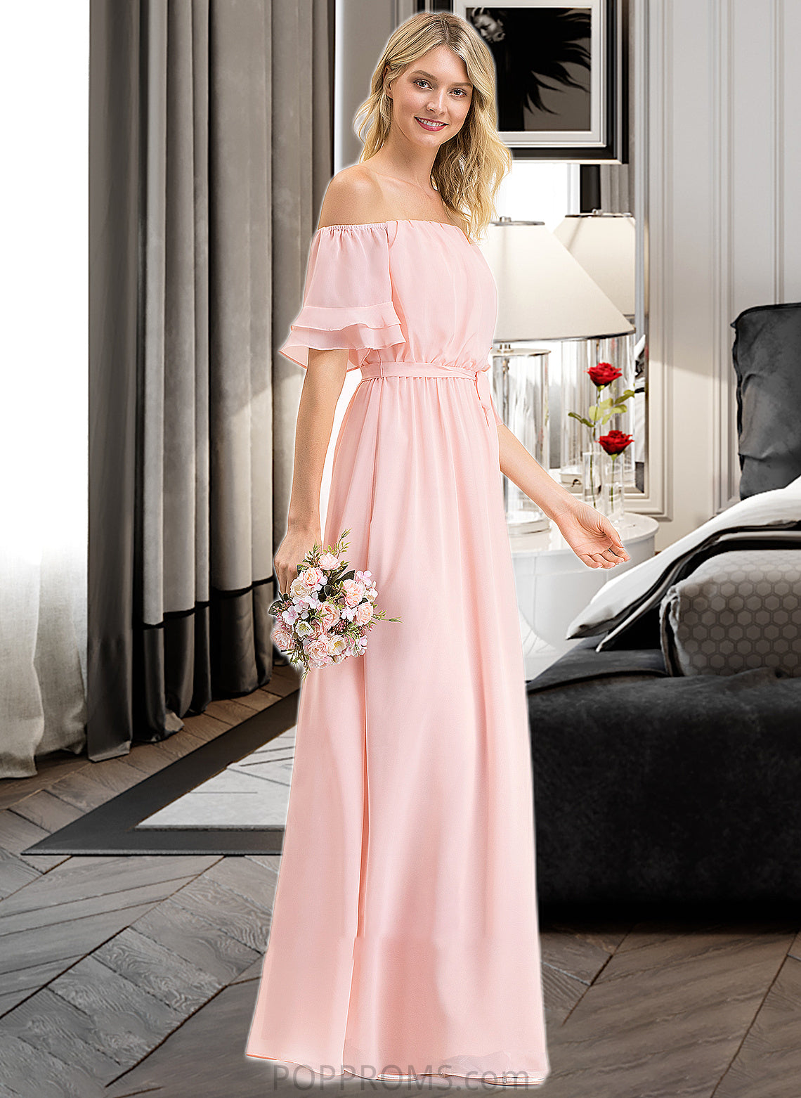 Miah A-Line Off-the-Shoulder Floor-Length Chiffon Bridesmaid Dress With Bow(s) Cascading Ruffles PP6P0013121