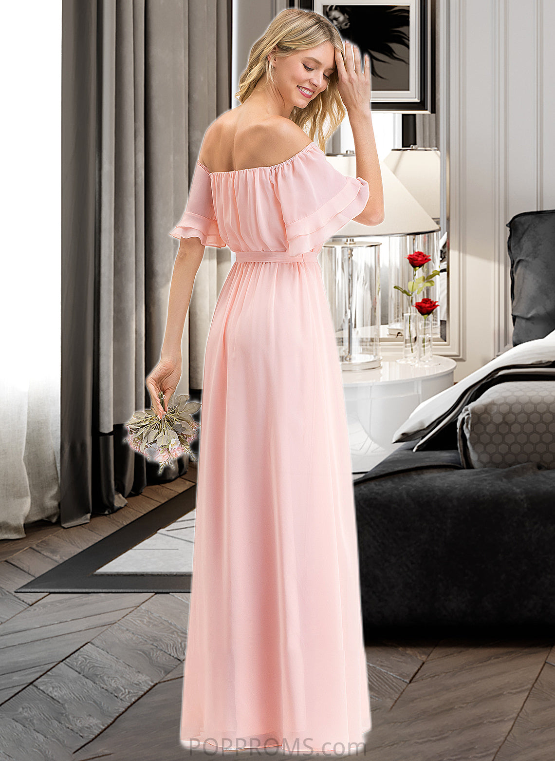 Miah A-Line Off-the-Shoulder Floor-Length Chiffon Bridesmaid Dress With Bow(s) Cascading Ruffles PP6P0013121