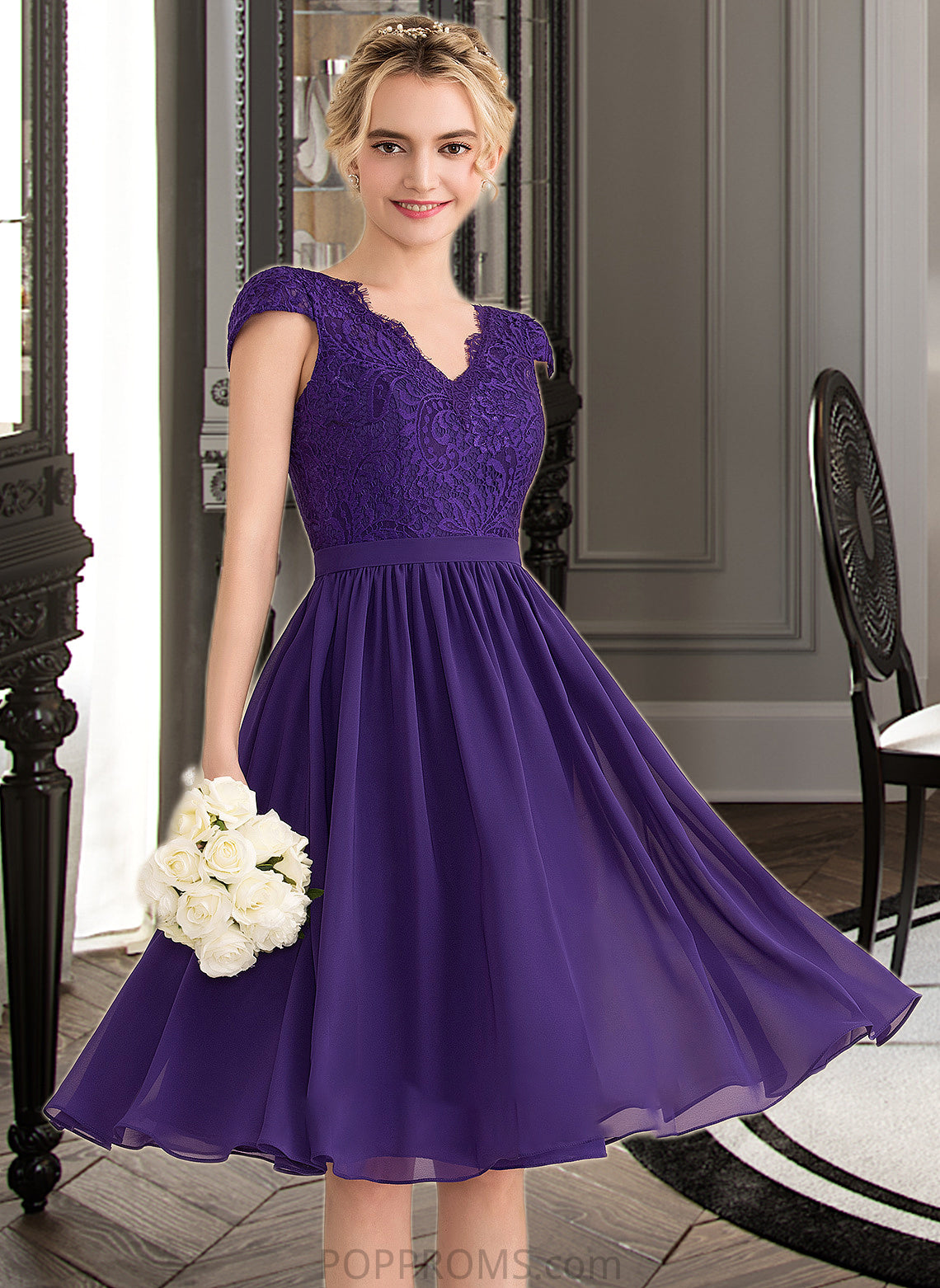 Lilly A-Line V-neck Knee-Length Chiffon Lace Bridesmaid Dress PP6P0013122