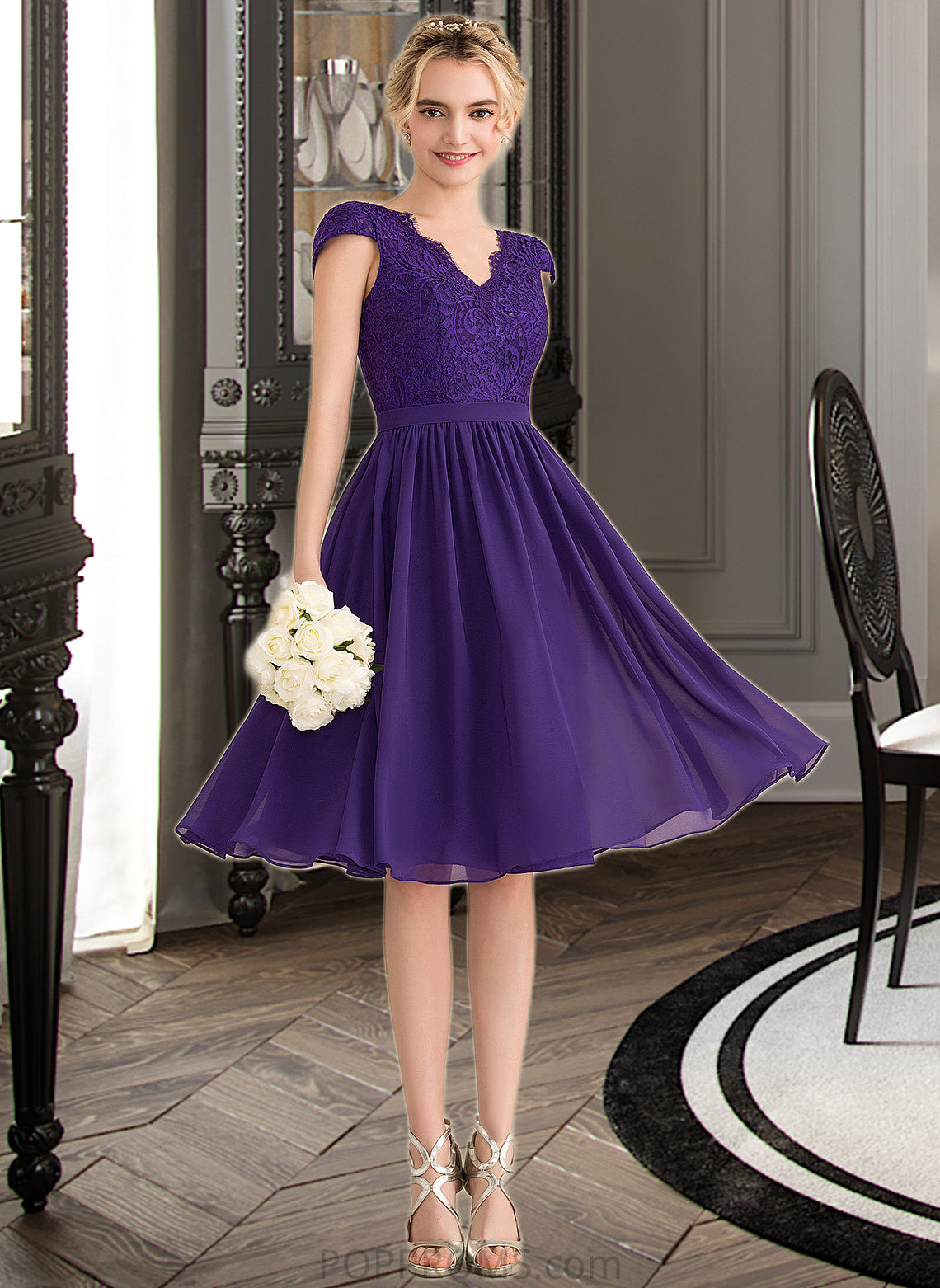 Lilly A-Line V-neck Knee-Length Chiffon Lace Bridesmaid Dress PP6P0013122