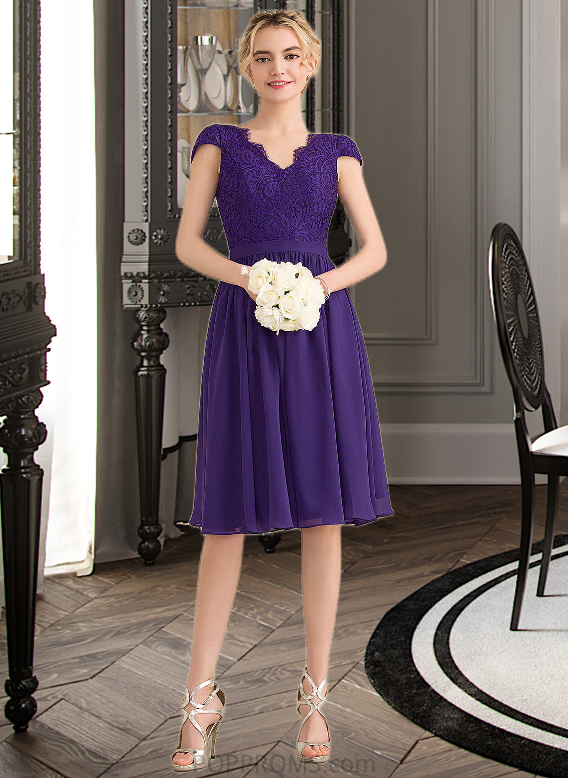 Lilly A-Line V-neck Knee-Length Chiffon Lace Bridesmaid Dress PP6P0013122