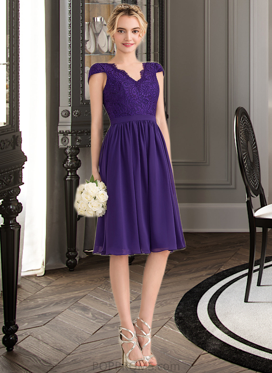 Lilly A-Line V-neck Knee-Length Chiffon Lace Bridesmaid Dress PP6P0013122