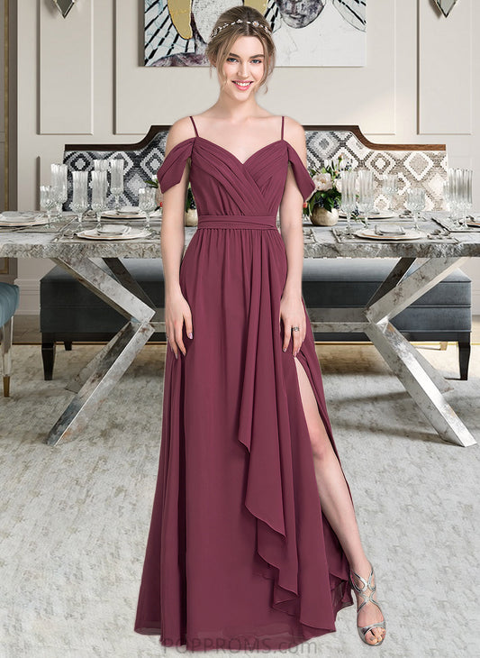 Izabelle A-Line V-neck Floor-Length Chiffon Bridesmaid Dress With Bow(s) Split Front Cascading Ruffles PP6P0013123