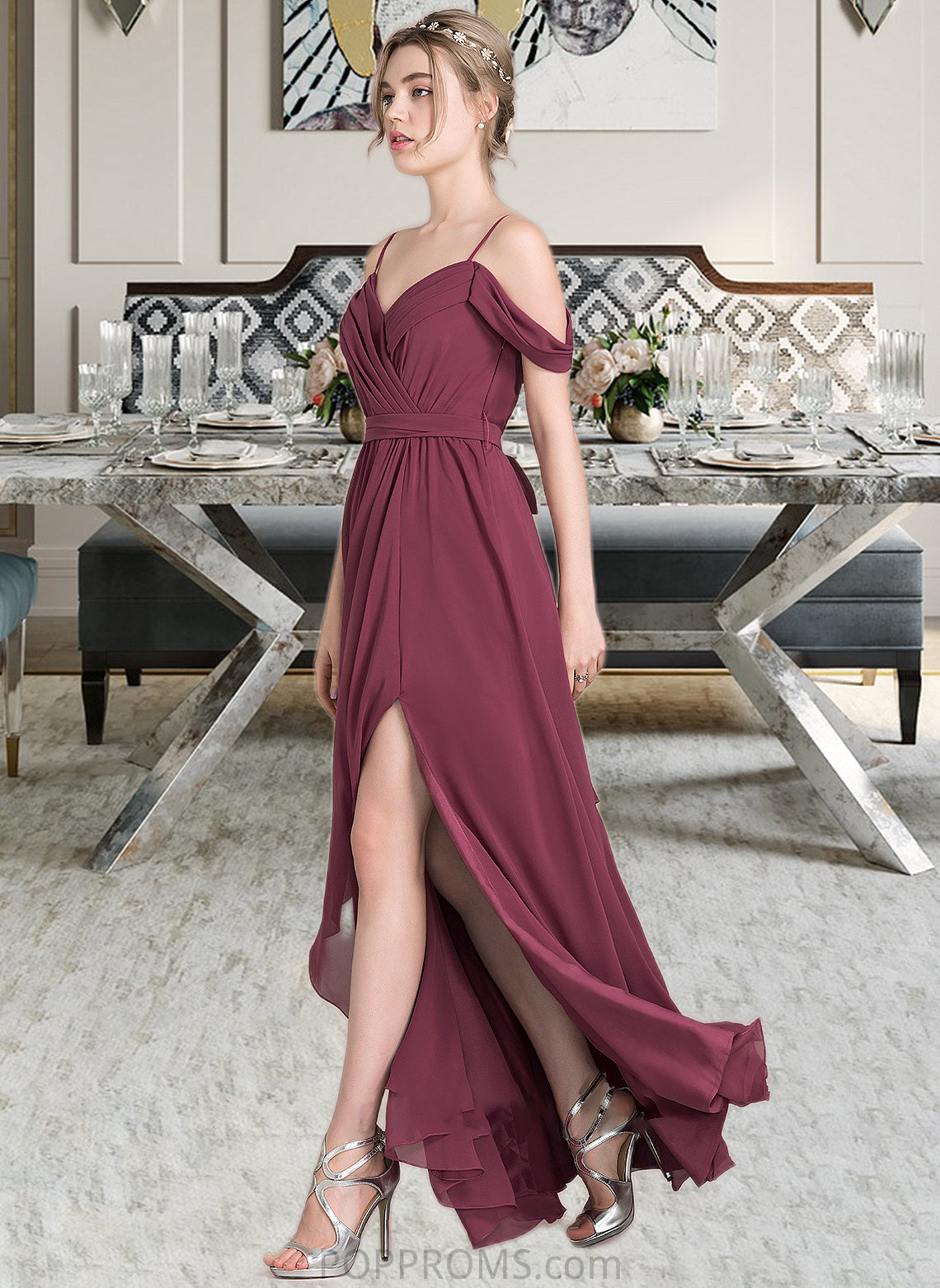 Izabelle A-Line V-neck Floor-Length Chiffon Bridesmaid Dress With Bow(s) Split Front Cascading Ruffles PP6P0013123